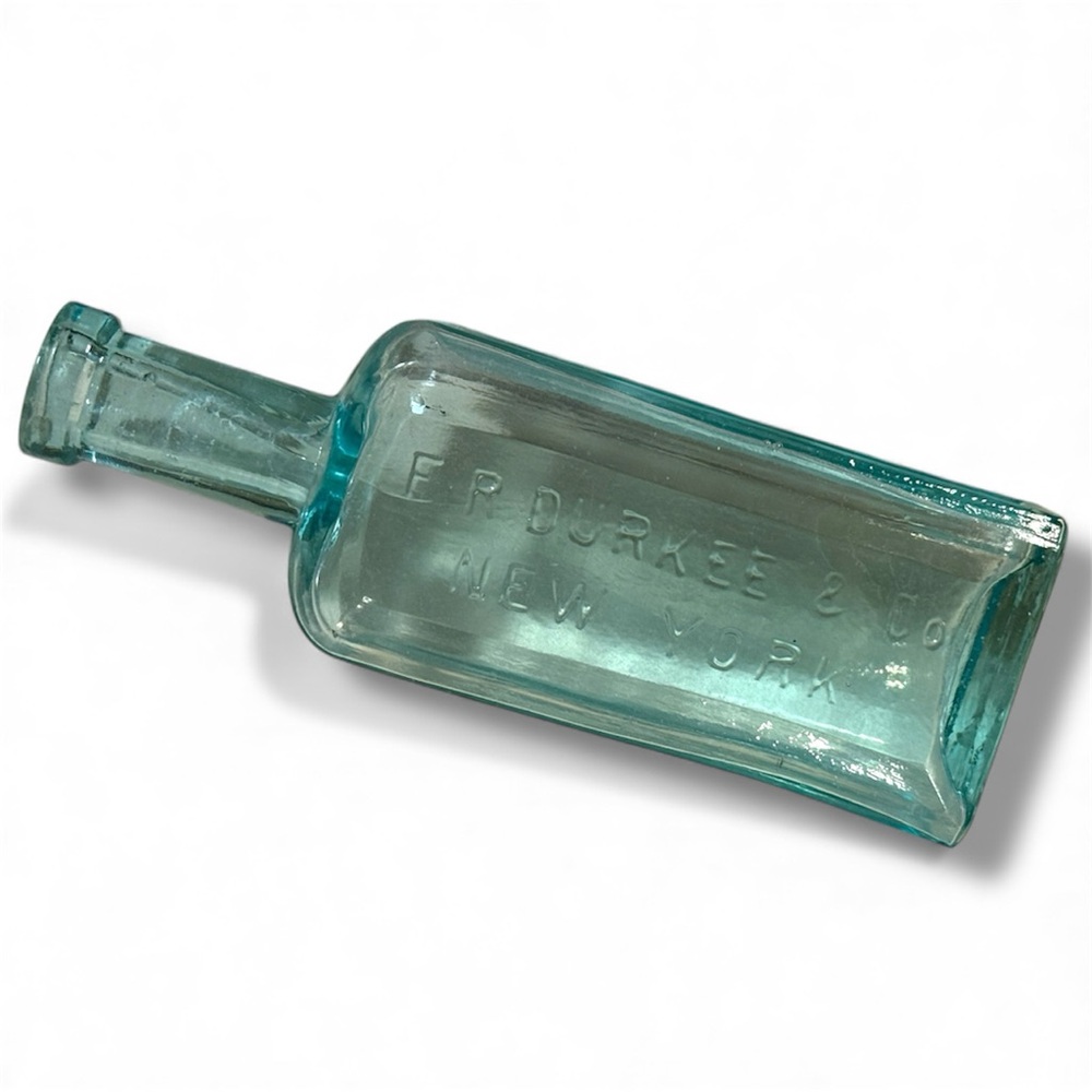 Vintage Blue Glass Bottle ER Durkee & Co NEW YORK